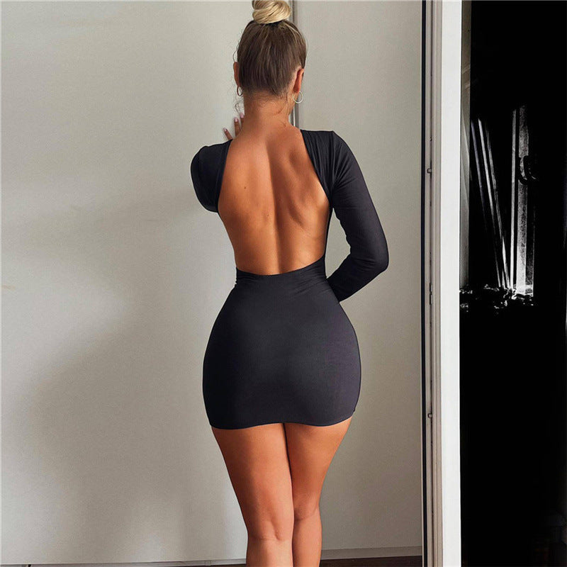 Women's Streetwear Bodycon Mini Dress – Long Sleeve Solid Color Backless Sheath Holiday Party Dress