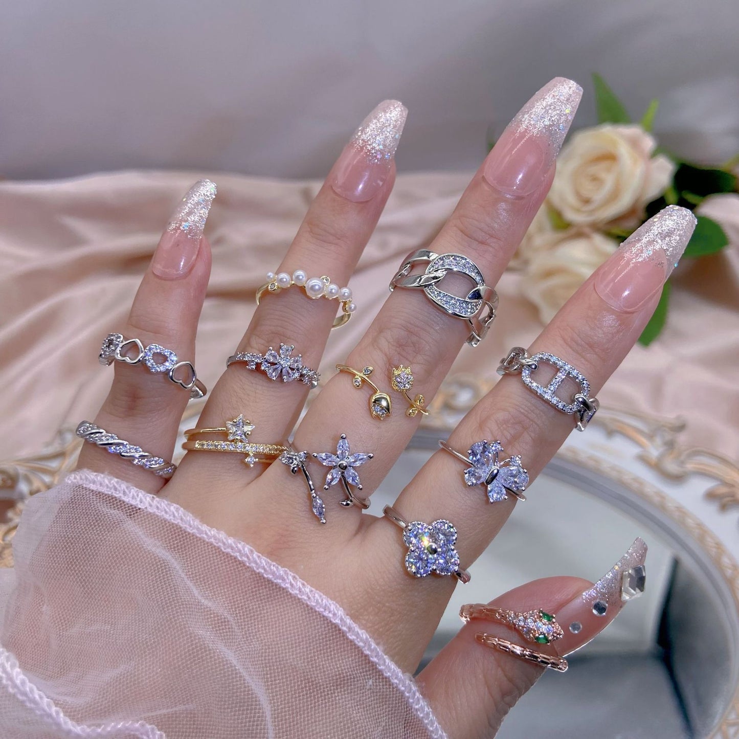 Elegant Heart, Bow & Flower Rings – Adjustable Open Zircon Jewelry