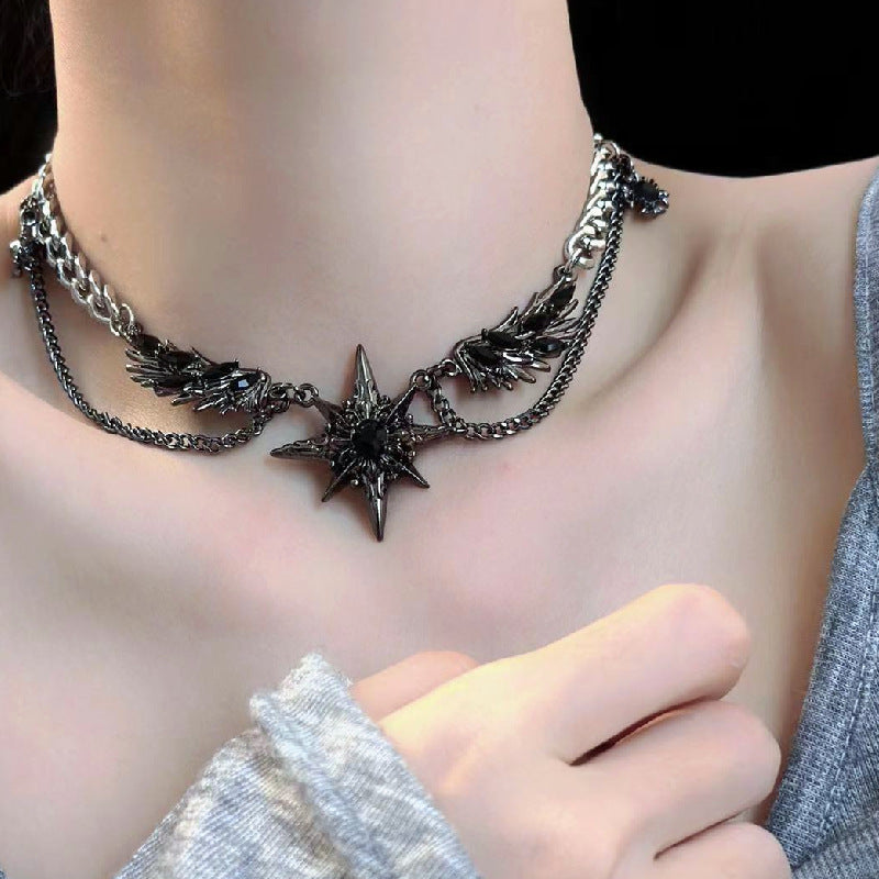 Gothic Star & Wing Chain Choker – Black Gemstone Punk Necklace