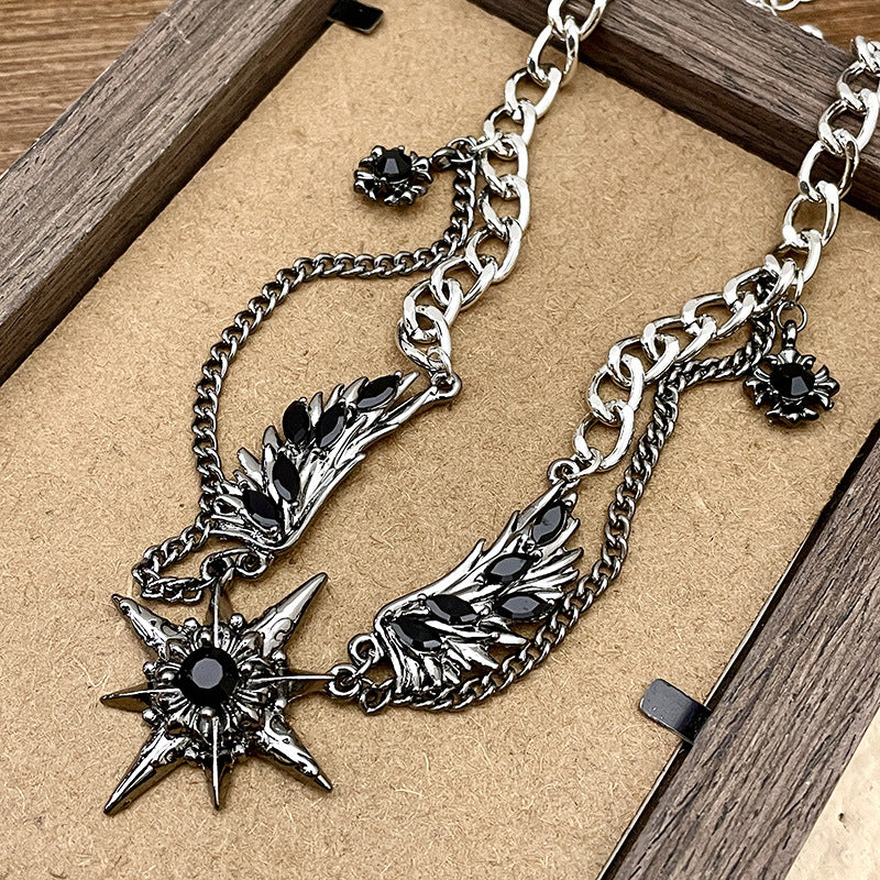 Gothic Star & Wing Chain Choker – Black Gemstone Punk Necklace