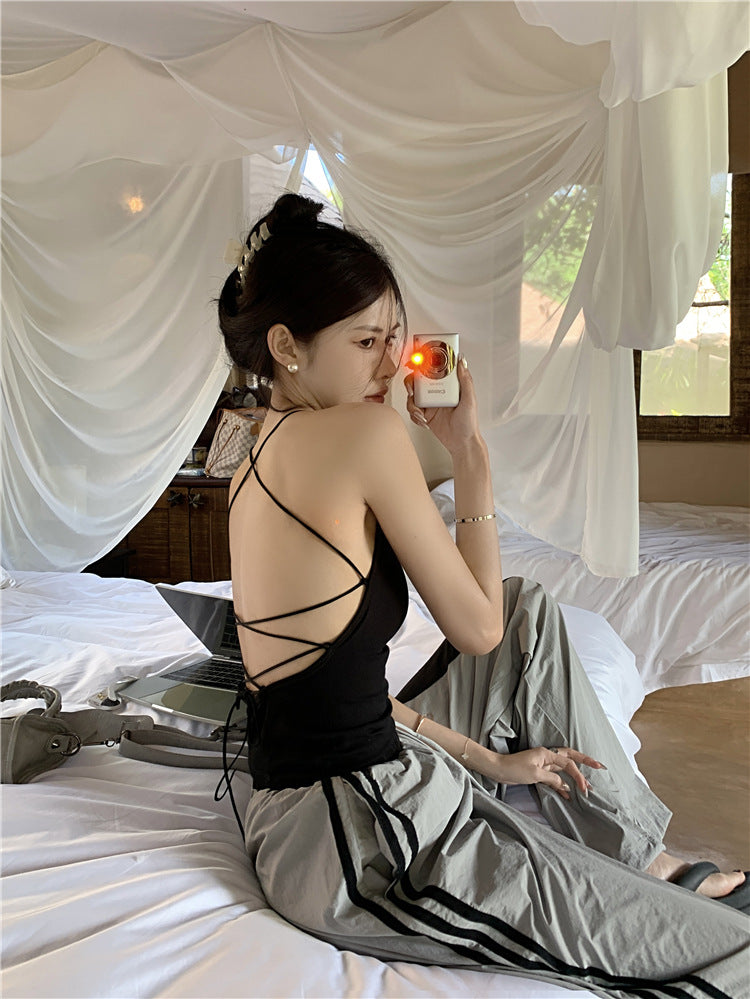 Women's Sexy Solid Color Strappy Ribbed Tank Top with Crisscross Back and Tie Detail