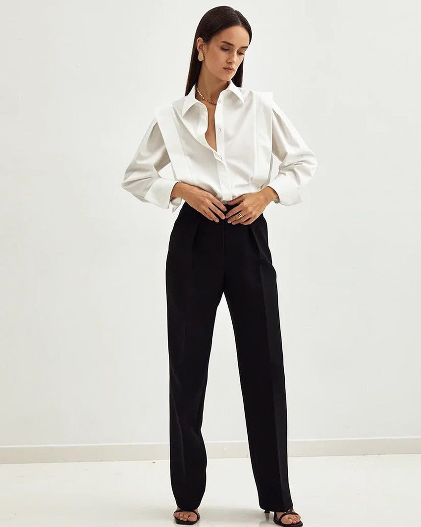 Women’s Elegant White Shirt – Solid Color Long Sleeve Button Down Blouse