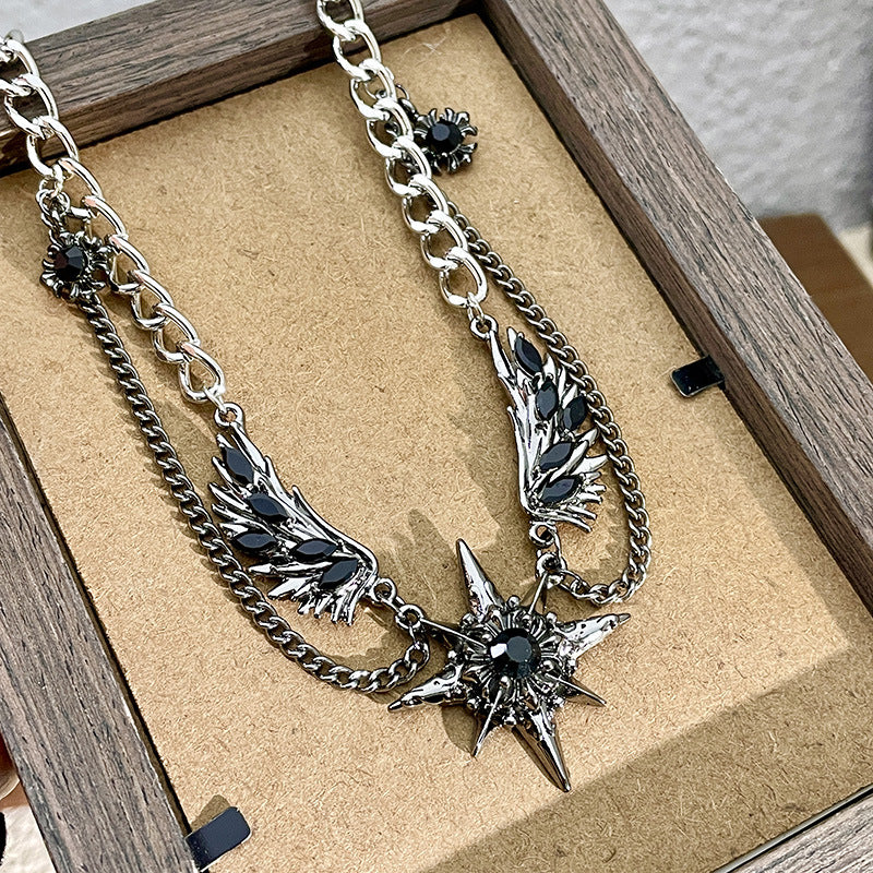 Gothic Star & Wing Chain Choker – Black Gemstone Punk Necklace