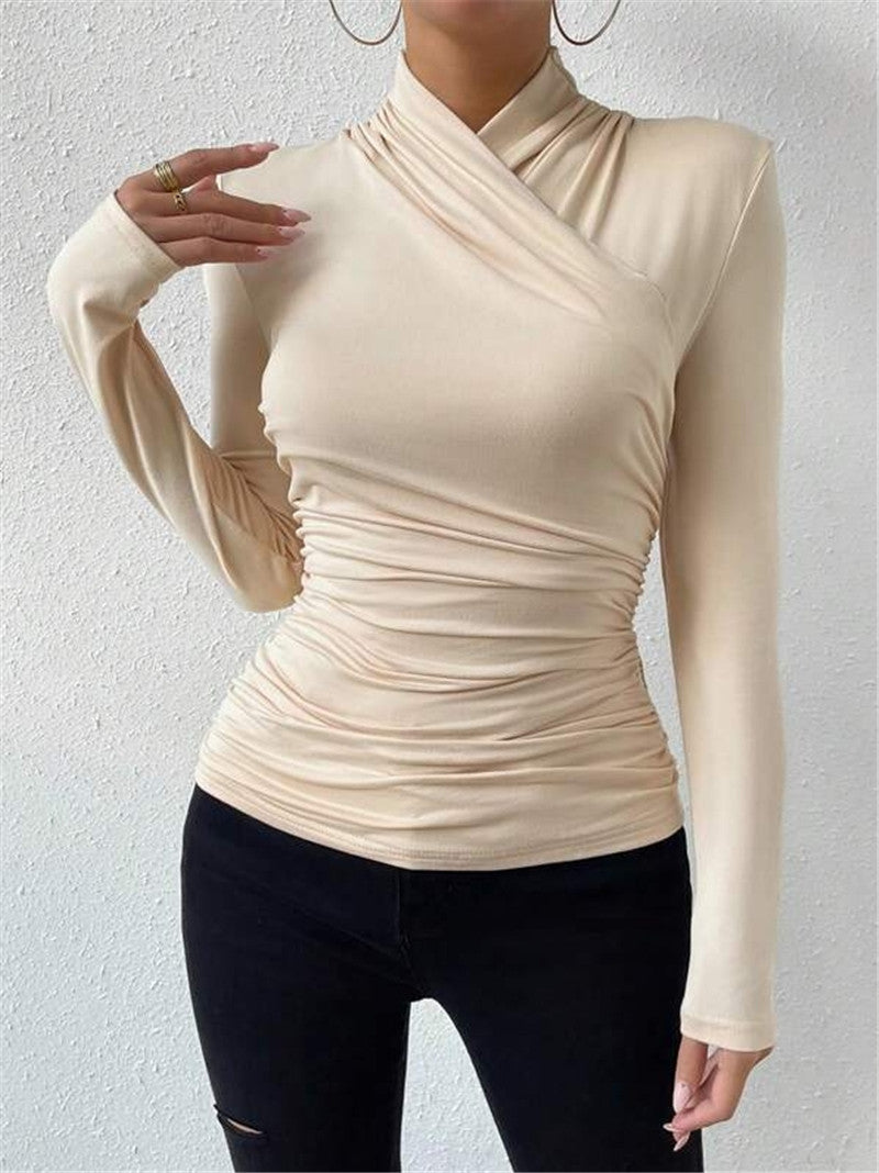 Pleated Blouse – Solid Color Long Sleeve Slim Fit Top