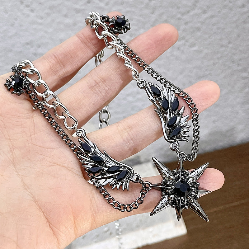 Gothic Star & Wing Chain Choker – Black Gemstone Punk Necklace