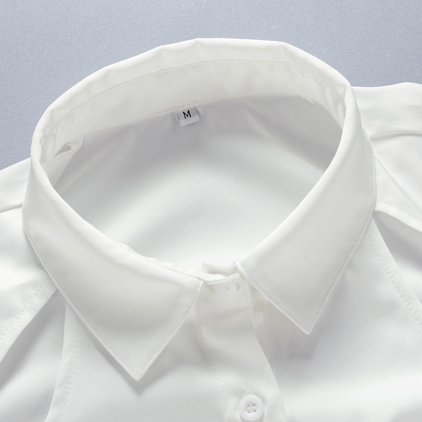 Women’s Chic Cut-Out Blouse – Solid White Long Sleeve Button Down Fashion Top
