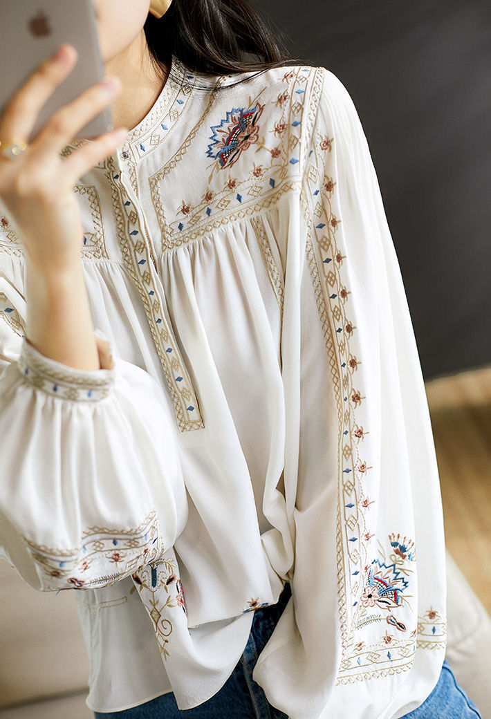 Women'S Vintage Style Fashion Geometric White Long Sleeve Embroidery Blouses