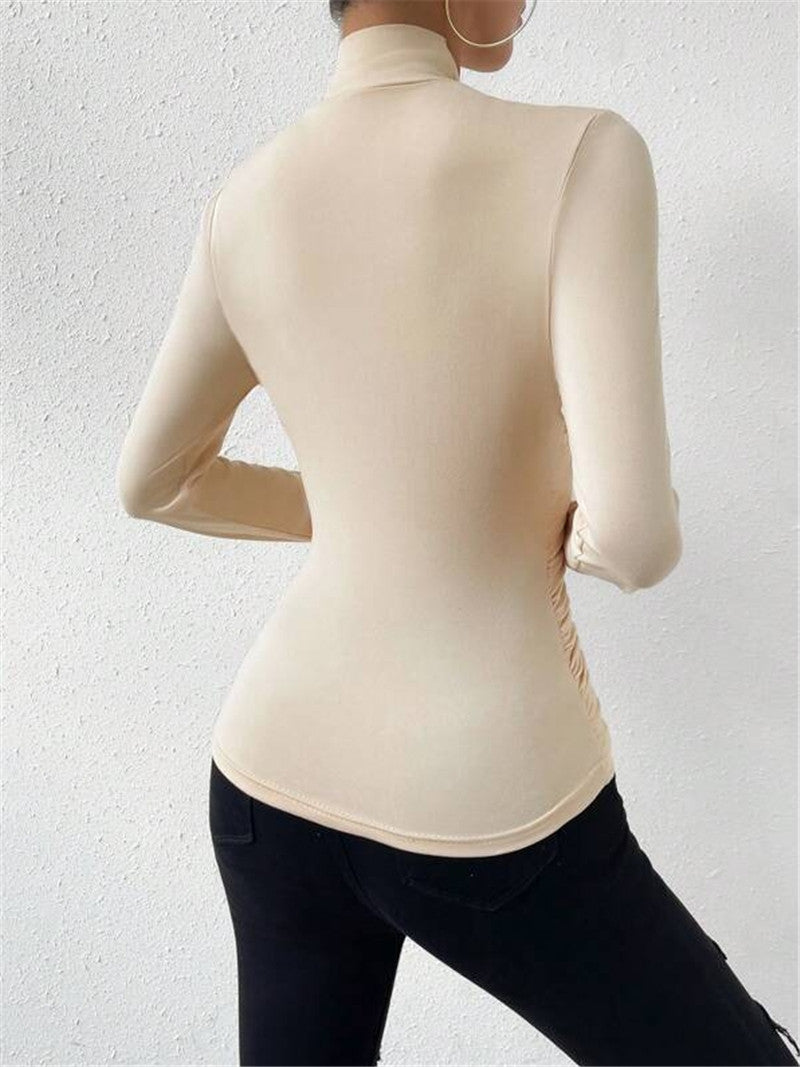 Pleated Blouse – Solid Color Long Sleeve Slim Fit Top
