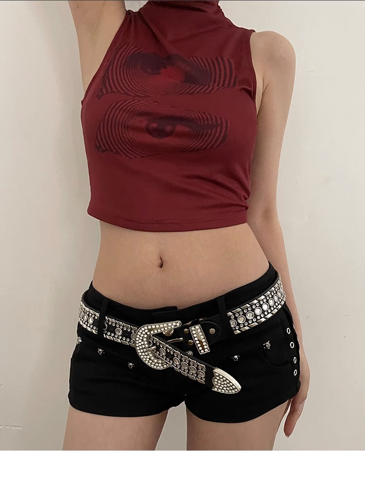Y2K Streetwear Rhinestone Belt – Silver PU Leather with Western Alloy Buckle & Studded Detailing