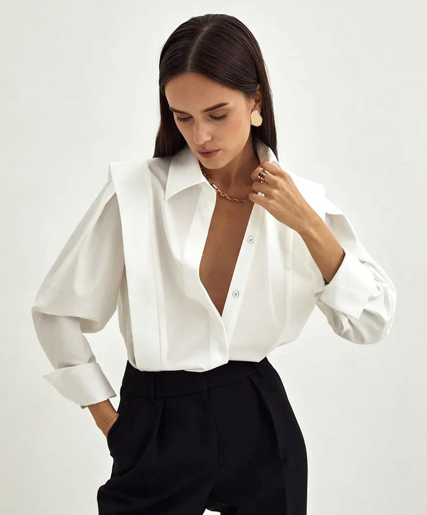 Women’s Elegant White Shirt – Solid Color Long Sleeve Button Down Blouse