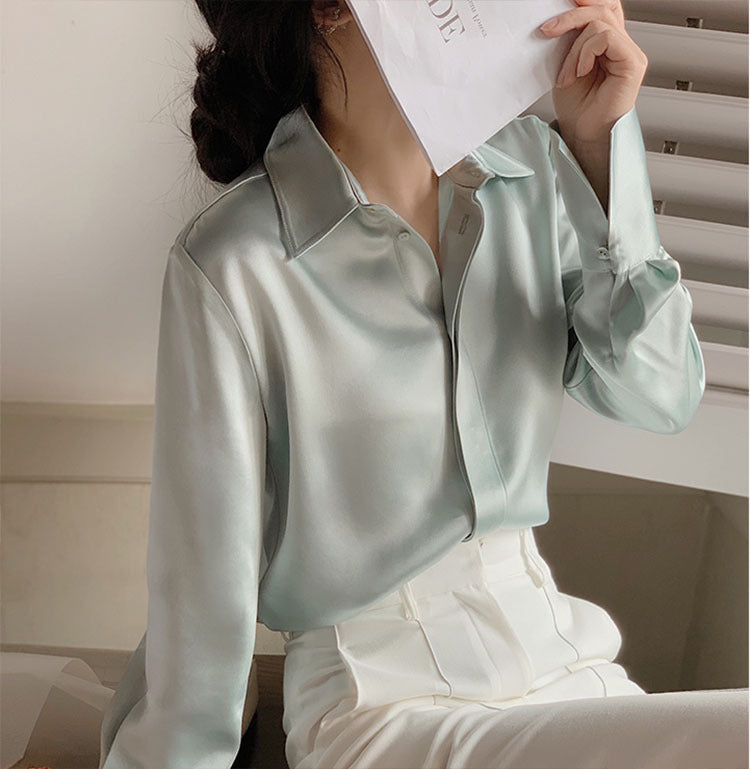 Women’s Elegant Satin Blouse – Solid Color Long Sleeve Button Down Office Top