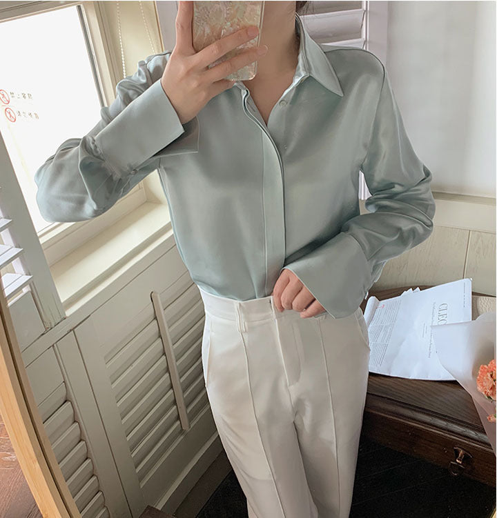 Women’s Elegant Satin Blouse – Solid Color Long Sleeve Button Down Office Top