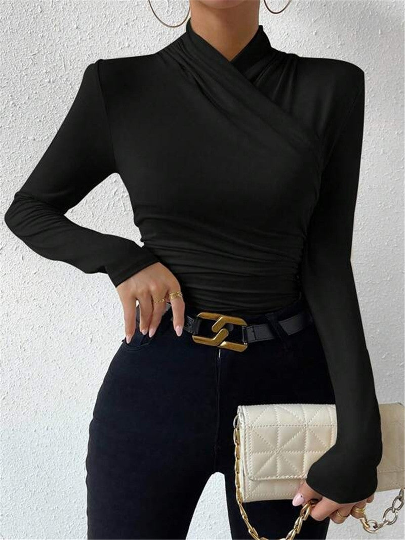 Pleated Blouse – Solid Color Long Sleeve Slim Fit Top