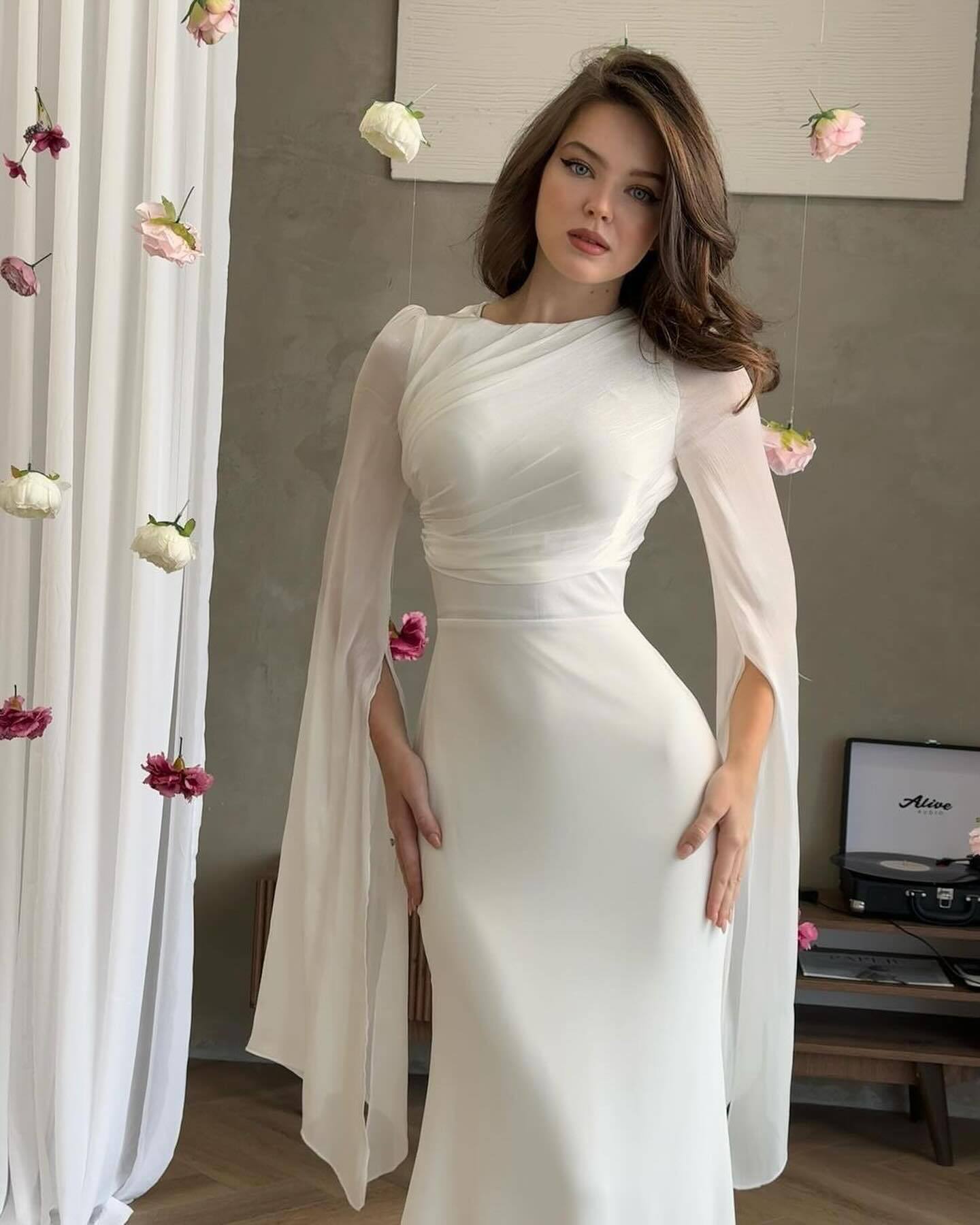 Women's Elegant White Maxi Dress – Long Sleeve Draped Cape Gown for Evening & Formal Occasions