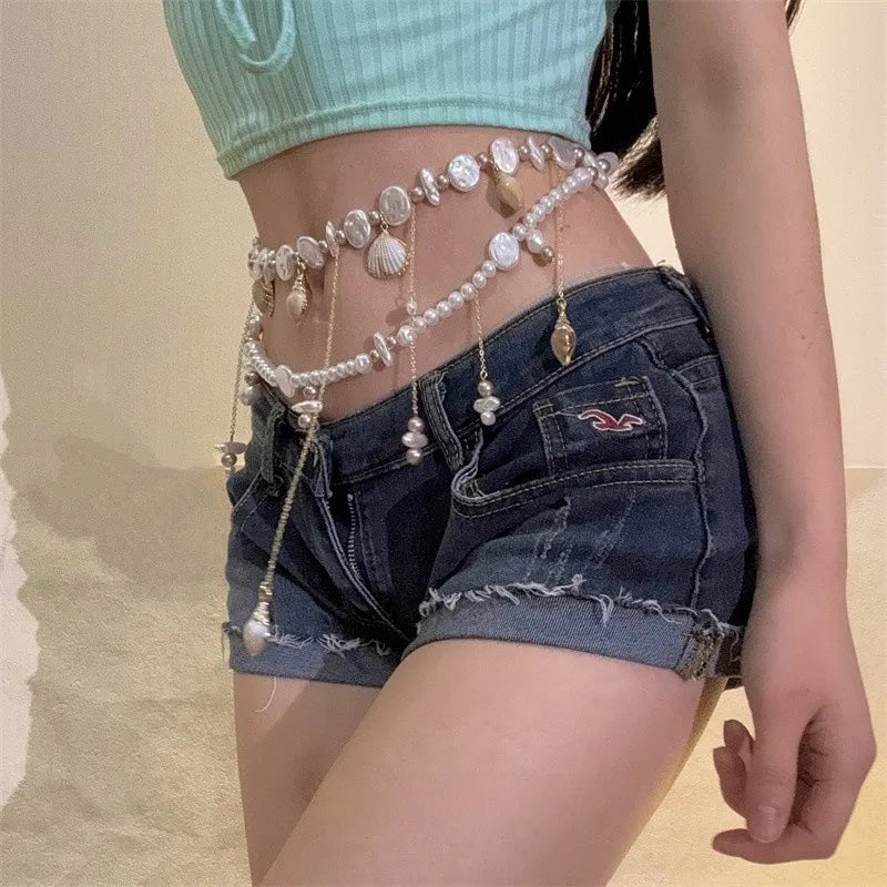 Multi-Layer Shell Pearl Tassel Stacking Waist Chain