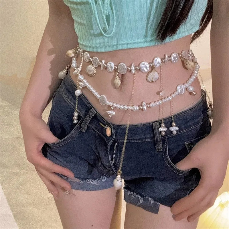 Multi-Layer Shell Pearl Tassel Stacking Waist Chain