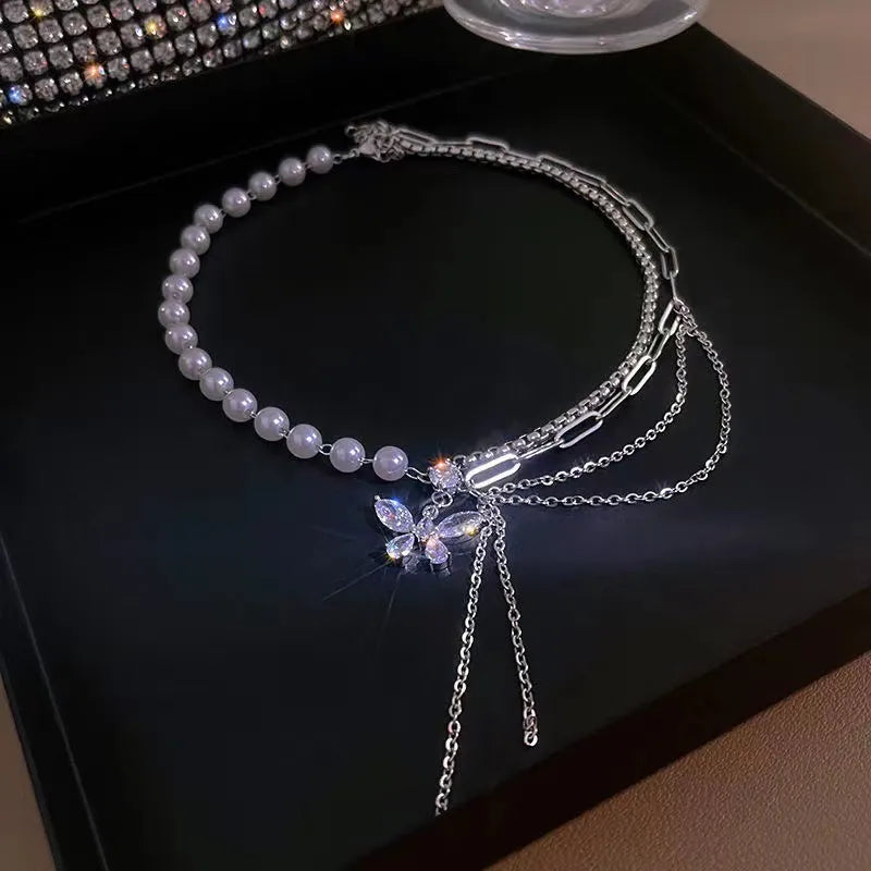 Elegant Pearl & Zircon Butterfly Necklace – Fashion Tassel Pendant, Luxury Clavicle Chain for Women