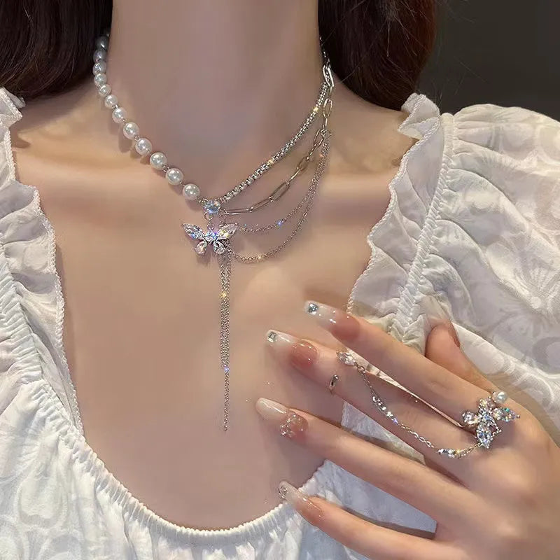 Elegant Pearl & Zircon Butterfly Ring – Fashion Tassel Ring, Luxury Clavicle Chain for Women
