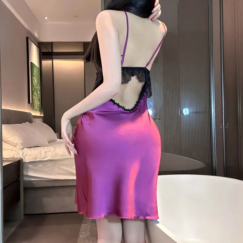 Women's Sexy Silk Satin Nightdress – Lace Patchwork Spaghetti Strap Backless Sleepwear Slip