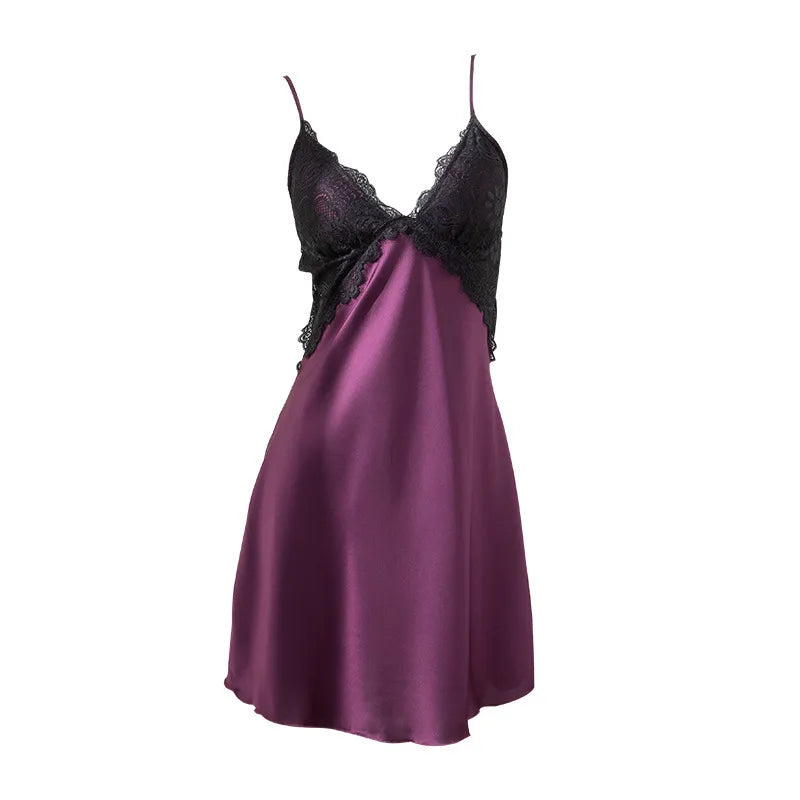 Women's Sexy Silk Satin Nightdress – Lace Patchwork Spaghetti Strap Backless Sleepwear Slip