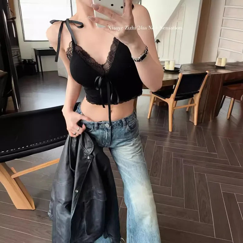 Women's Sexy Lace Splice Crop Top β Butterfly Knot Strap Vest, Sleeveless Wrap Chest