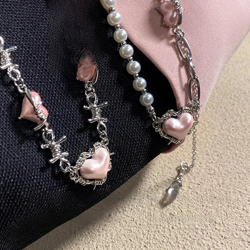 Sweet Cool Thorns Love Pendant with Pearls | Y2K Light Luxury Women’s Clavicle Chain
