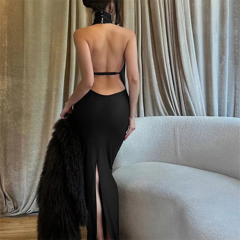 Women's Sexy Backless Halter Neck Bodycon Maxi Dress – Elegant Split Ankle-Length Evening Gown