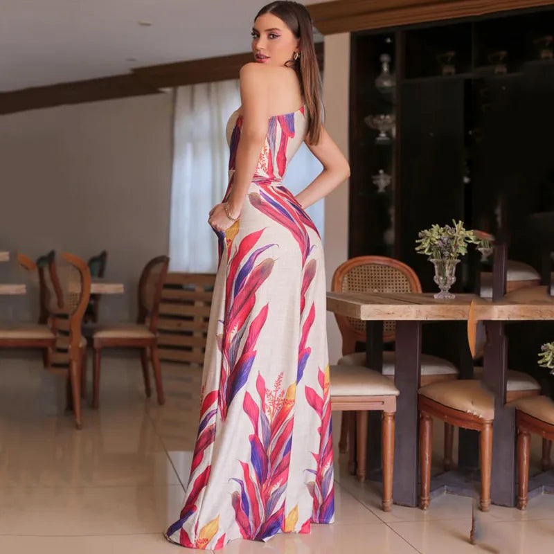 Sexy Slim-Fit Floral Off-Shoulder Long Dress – Women’s Sleeveless Ankle-Length Gown, Stylish Urban Fashion