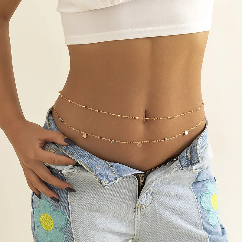 Minimalist Silver Waist Chain – Layered Beaded Belly Chain with Round Charm