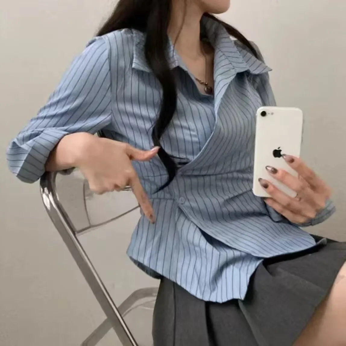 Women’s Slim Fit Striped Shirt – Elegant Long Sleeve Bubble Sleeve Top with Irregular Waist Cinching Design