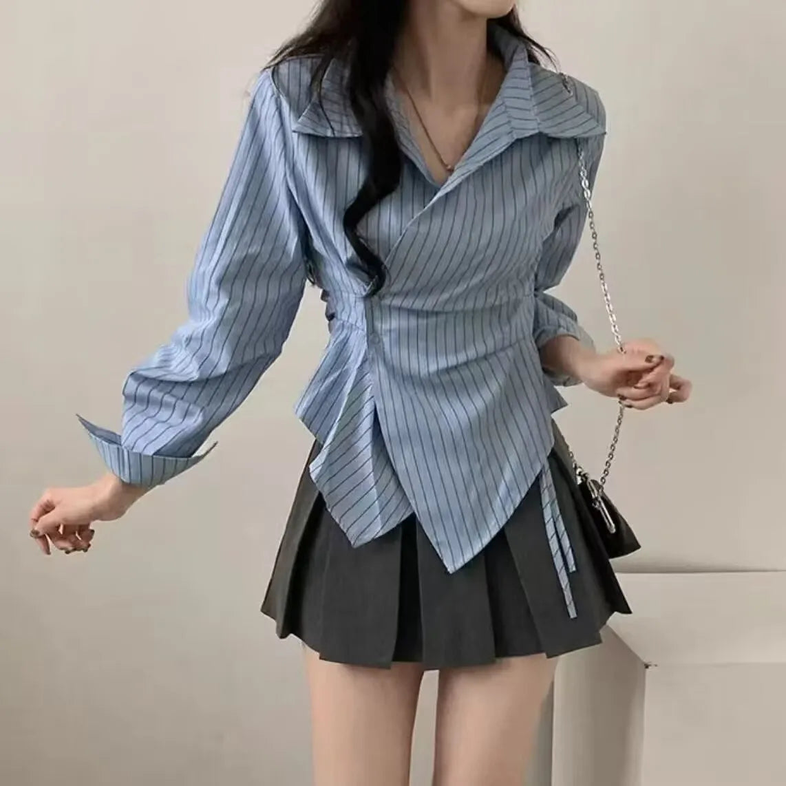 Women’s Slim Fit Striped Shirt – Elegant Long Sleeve Bubble Sleeve Top with Irregular Waist Cinching Design