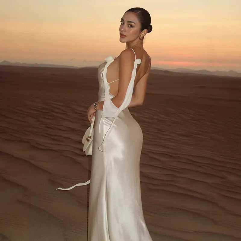 Women’s Elegant Satin Slip Maxi Dress – Backless Spaghetti Strap Evening Gown