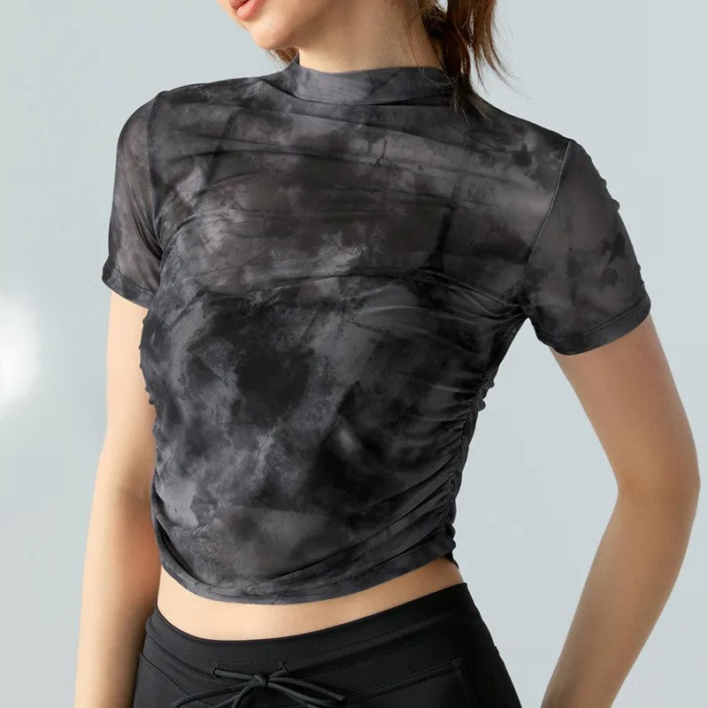 Spring Fitness Mesh T-Shirt – Short Sleeve Pleated Yoga Top, Breathable Activewear
