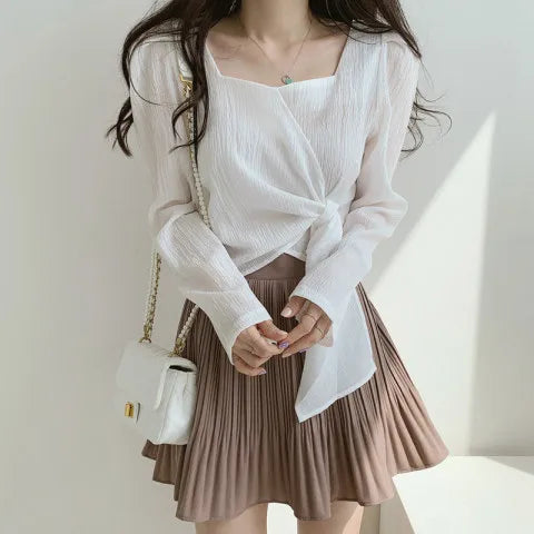 Women's Elegant Square Neck Tie-Waist Long Sleeve Blouse