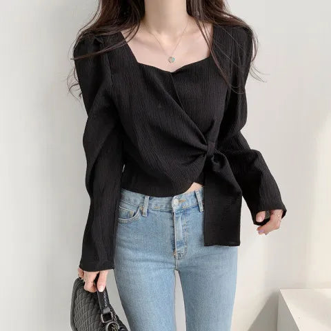 Women's Elegant Square Neck Tie-Waist Long Sleeve Blouse