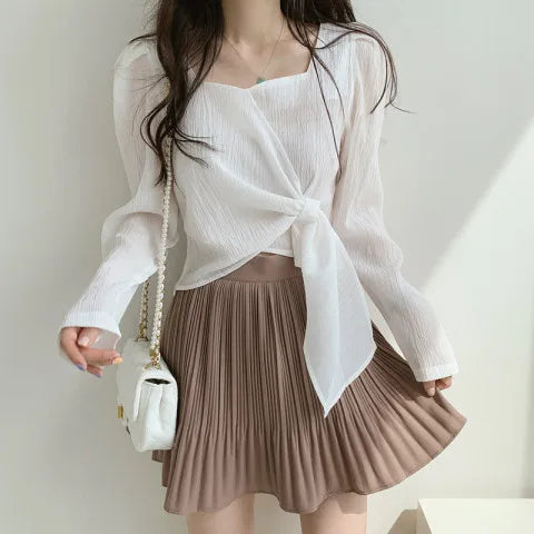 Women's Elegant Square Neck Tie-Waist Long Sleeve Blouse