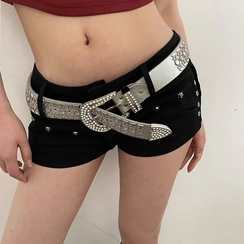 Y2K Streetwear Rhinestone Belt – Silver PU Leather with Western Alloy Buckle & Studded Detailing