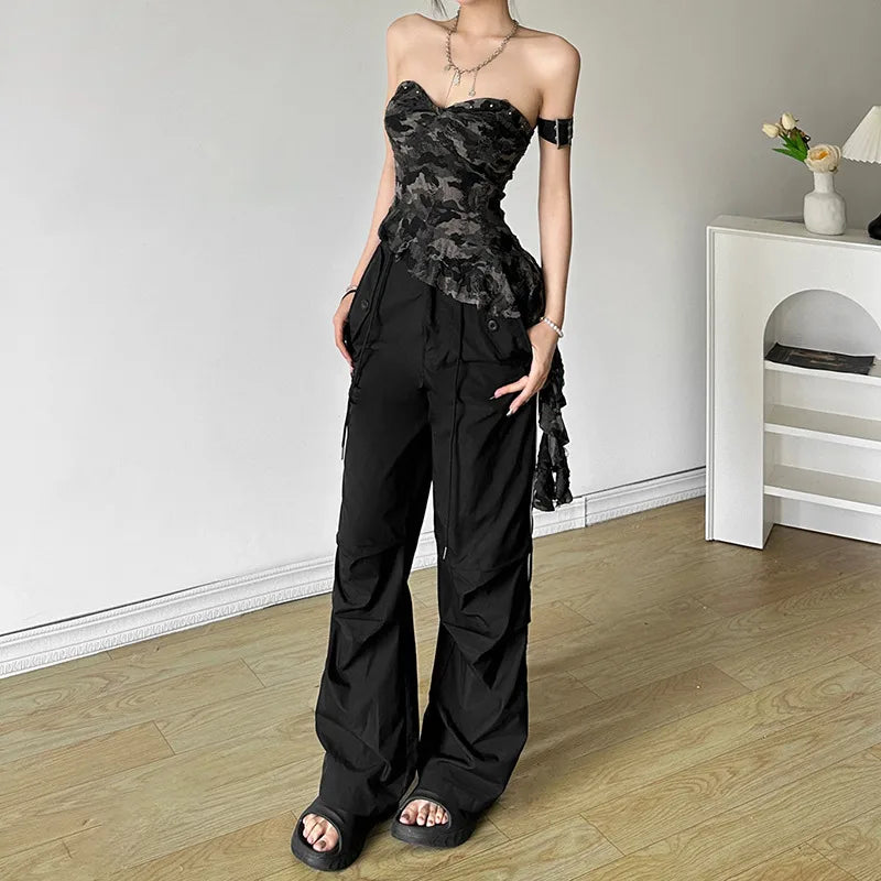 Women's Sexy Camouflage Strapless Corset Top – Off-Shoulder Backless Irregular Hem Bustier Vest