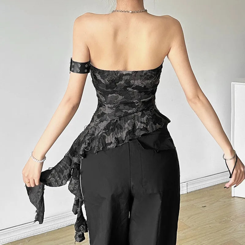 Women's Sexy Camouflage Strapless Corset Top – Off-Shoulder Backless Irregular Hem Bustier Vest