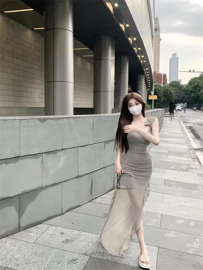 Elegant Taupe Ruched Maxi Dress – Sleeveless Ruffle Slit Slim Fit Evening Gown
