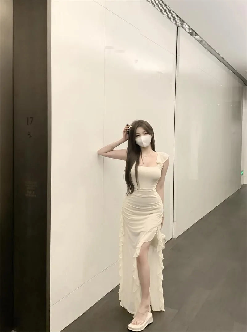 Elegant Taupe Ruched Maxi Dress – Sleeveless Ruffle Slit Slim Fit Evening Gown