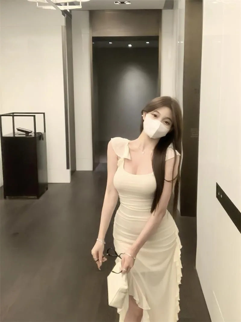 Elegant Taupe Ruched Maxi Dress – Sleeveless Ruffle Slit Slim Fit Evening Gown