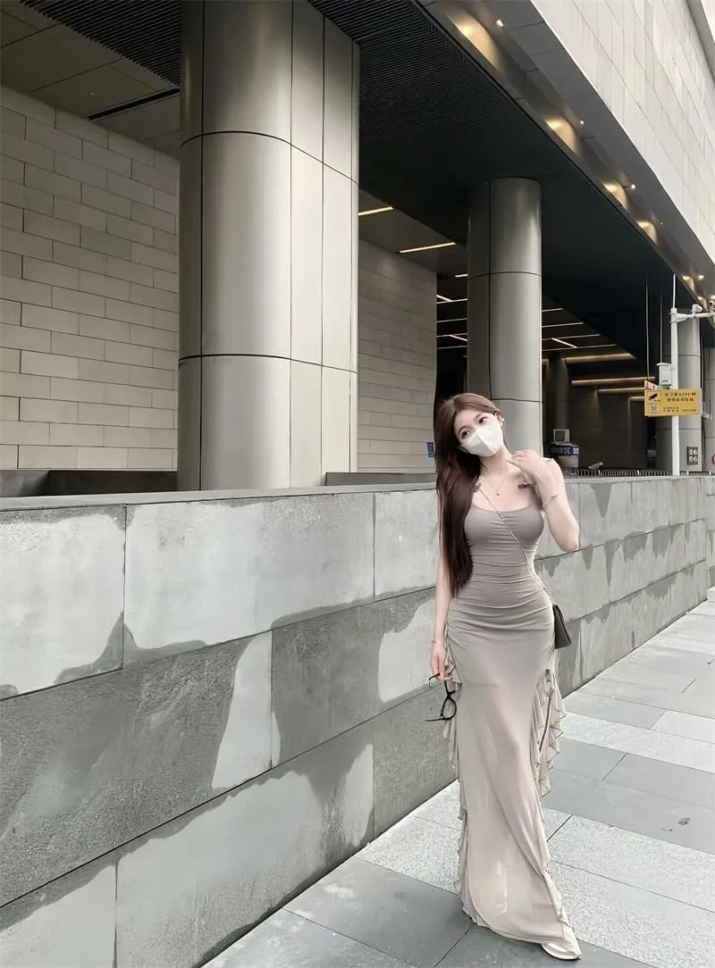 Elegant Taupe Ruched Maxi Dress – Sleeveless Ruffle Slit Slim Fit Evening Gown