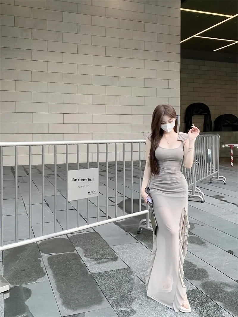 Elegant Taupe Ruched Maxi Dress – Sleeveless Ruffle Slit Slim Fit Evening Gown