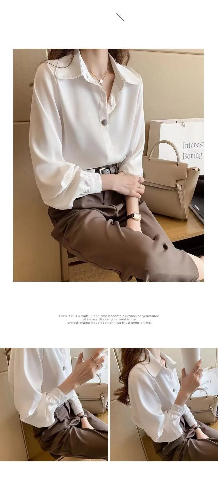 Women’s White Chiffon Blouse – Elegant Long Sleeve Loose Fit Professional Shirt for Spring & Autumn