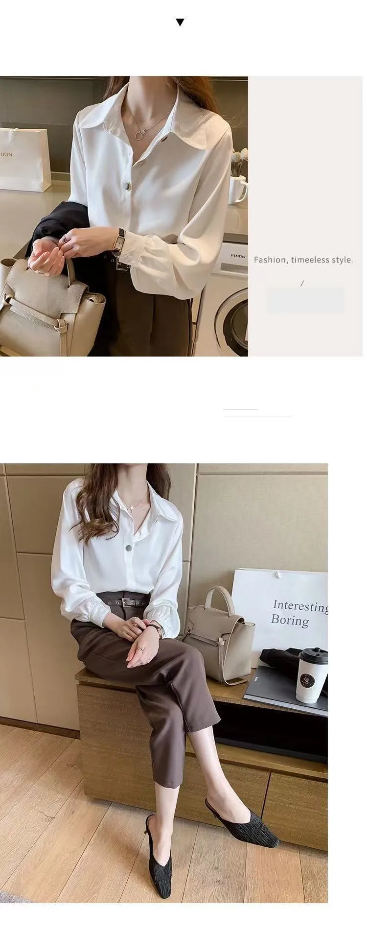 Women’s White Chiffon Blouse – Elegant Long Sleeve Loose Fit Professional Shirt for Spring & Autumn
