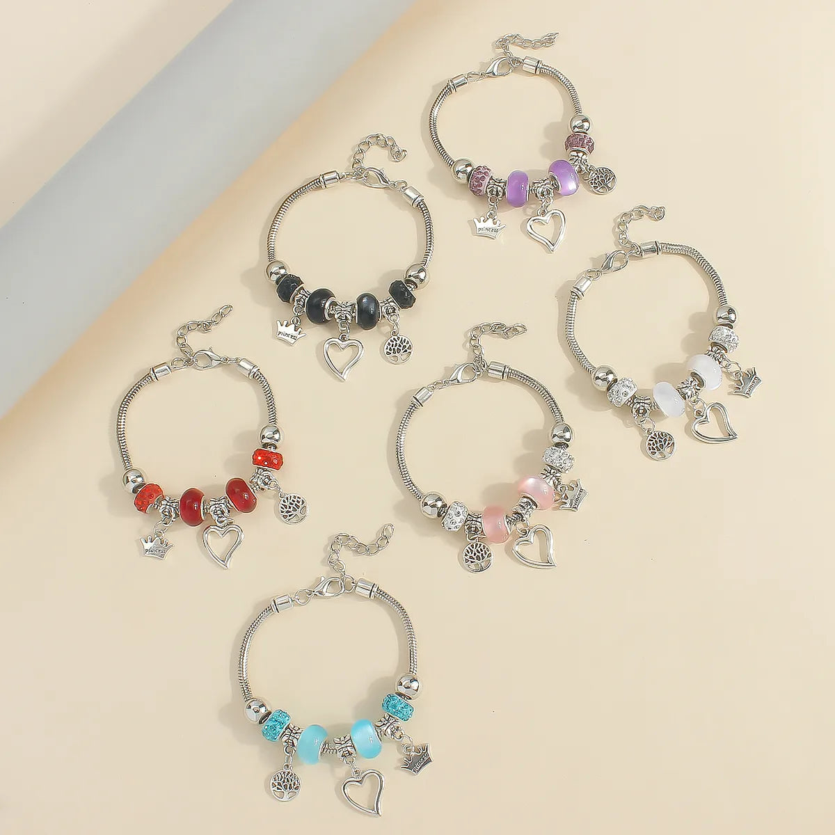 Blue Charm Princess Bracelet – Heart, Crown & Tree Pendant Beaded Bracelet