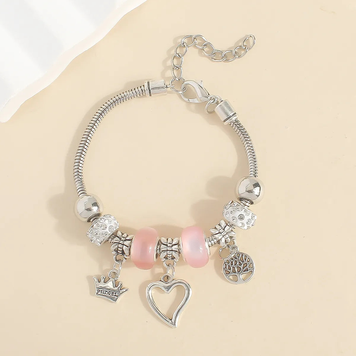 Blue Charm Princess Bracelet – Heart, Crown & Tree Pendant Beaded Bracelet