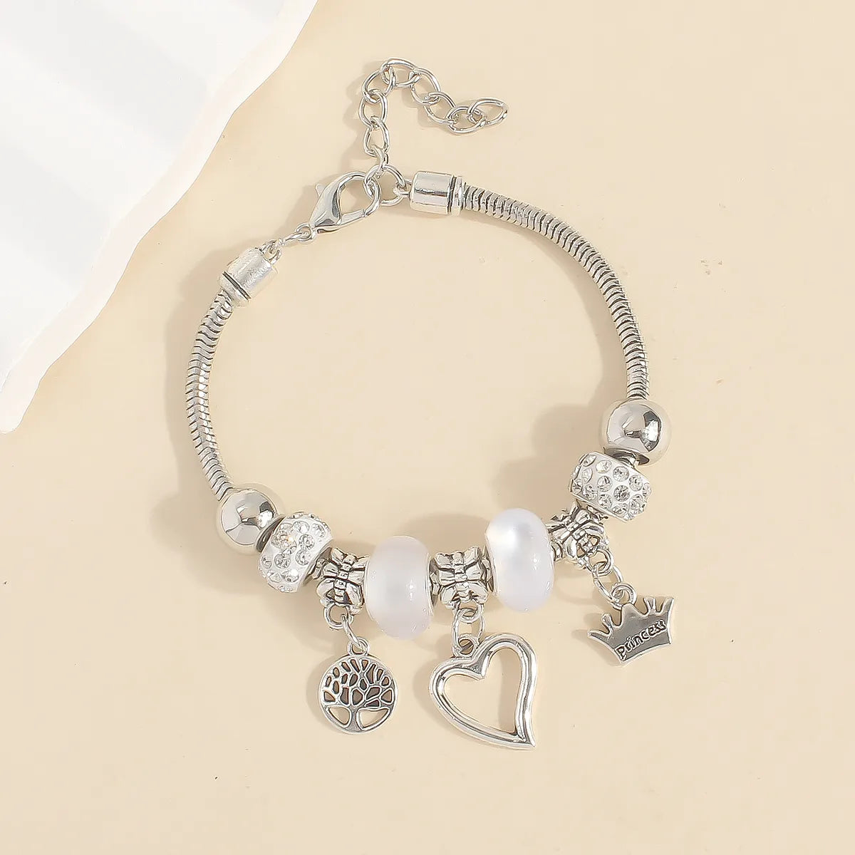 Blue Charm Princess Bracelet – Heart, Crown & Tree Pendant Beaded Bracelet