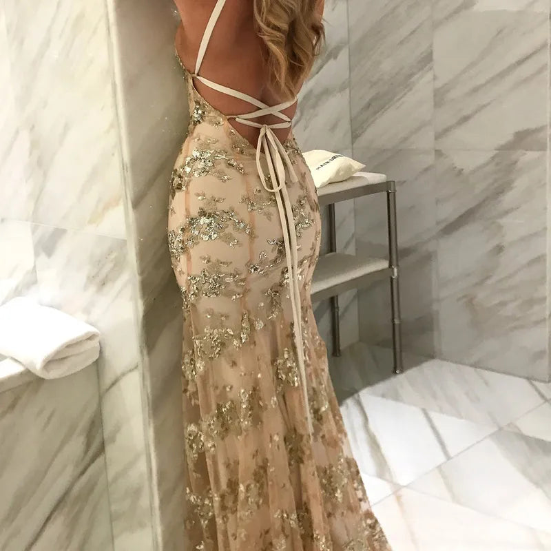 Women’s Elegant Sequined Floral V-Neck Sleeveless Wedding & Party Dress – Formal Stage Gown